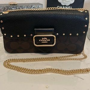 Coach Black Leather/Brown with Black  Monogram Clutch with Gold Chain